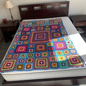Afgan Blanket Throw Granny ‎ Square Flower Hand Crochet Vintage Multi colour